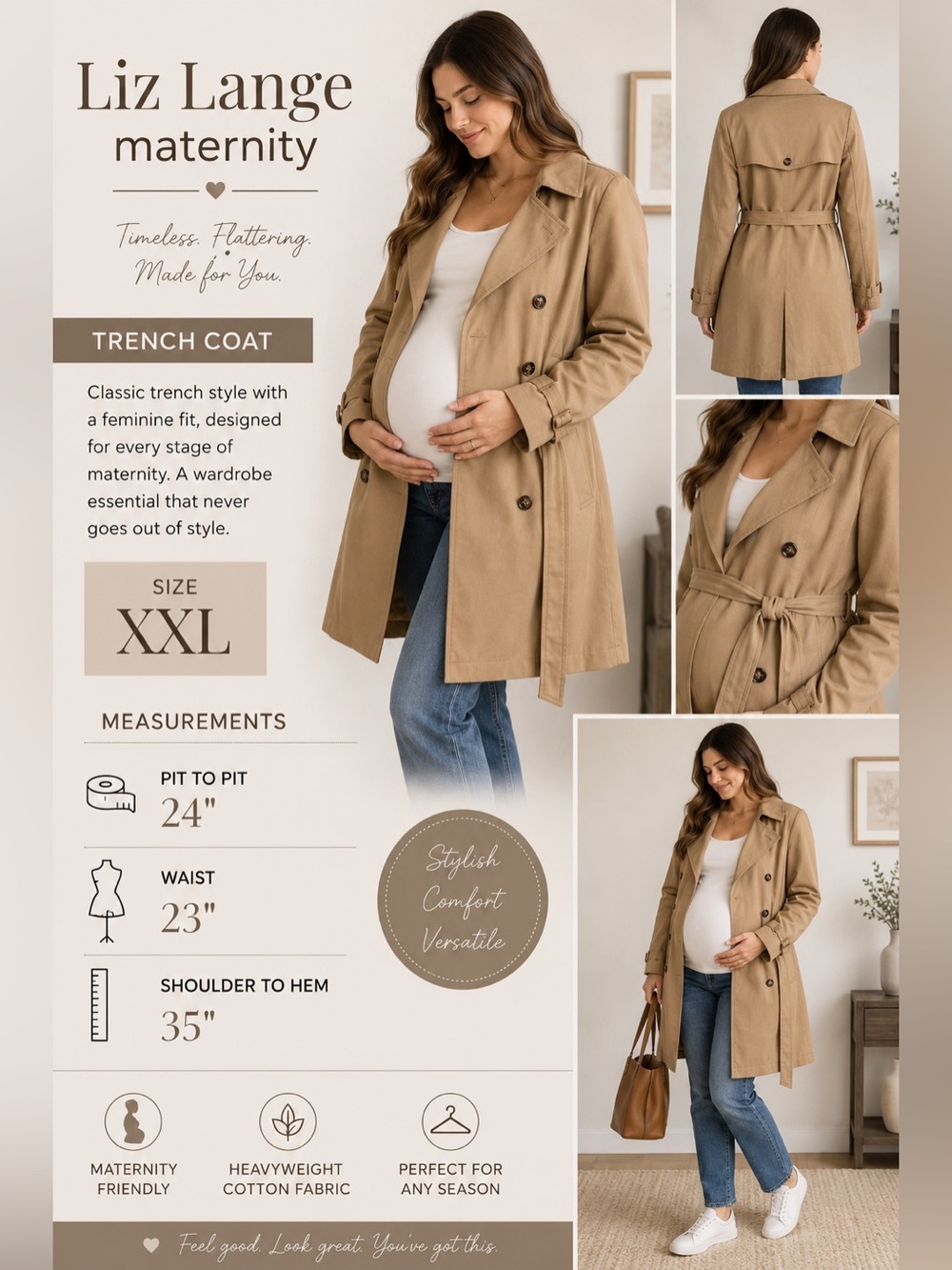 Liz Lange Maternity Trench Coat XXL Tan  Cotton Belted Classic Jacket Pregnancy - Picture 13 of 14